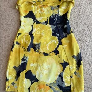 White Fox Boutique Strapless Yellow and Black Floral Dress